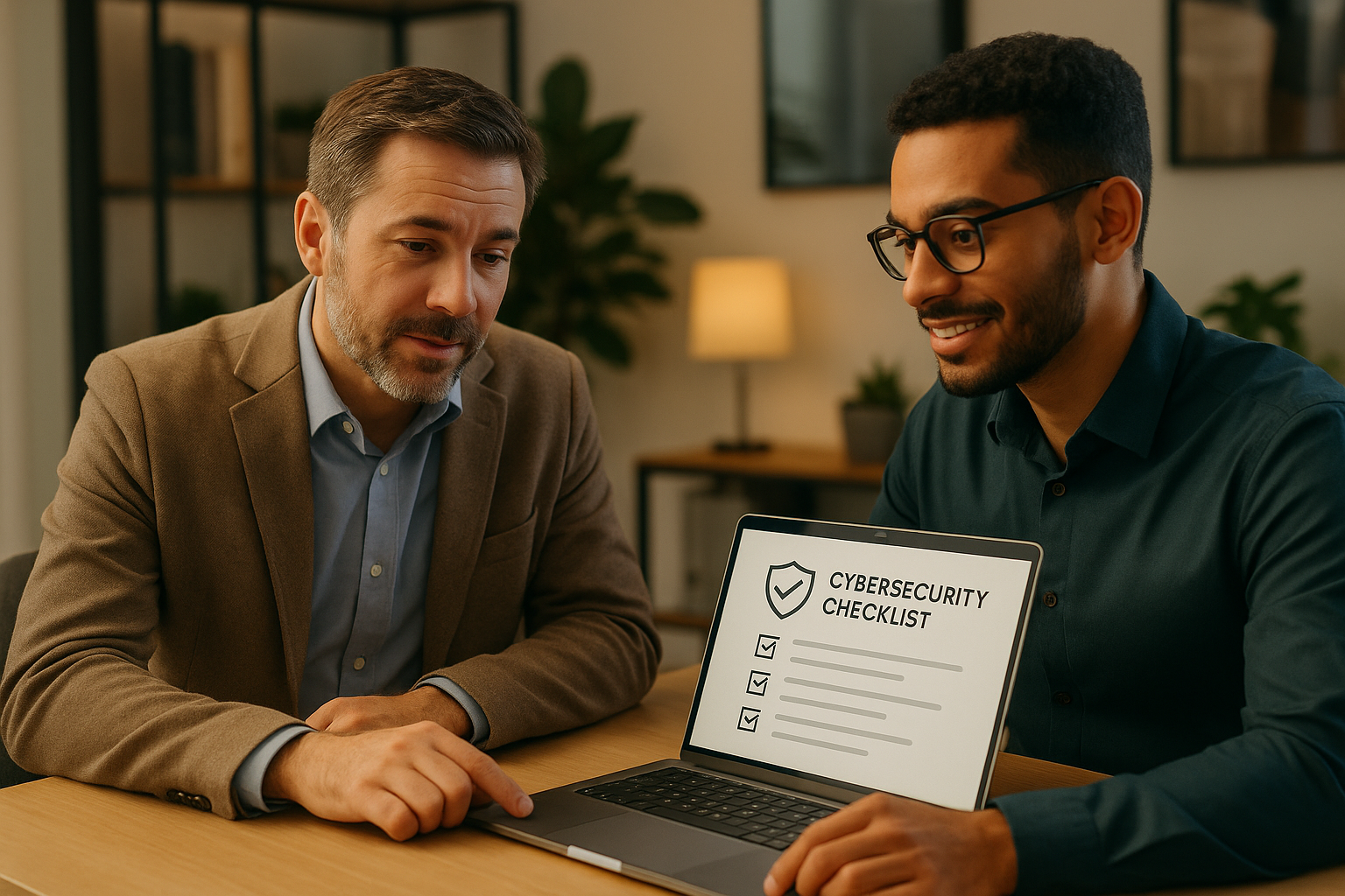 IT professional reviewing cybersecurity checklist with small business owner