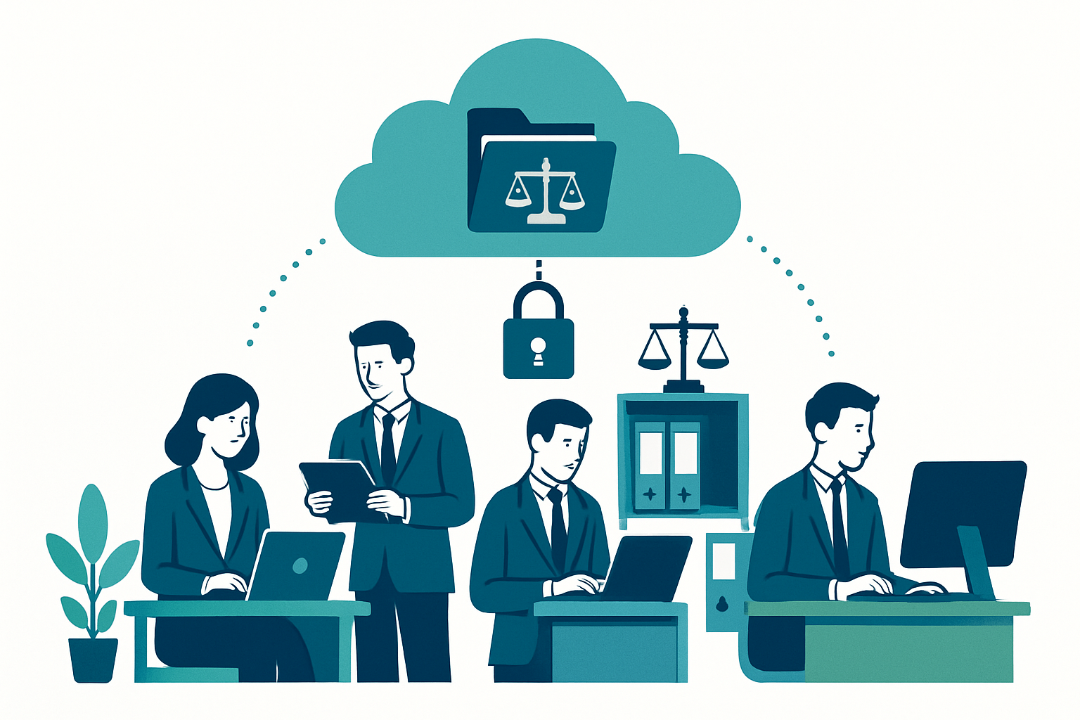 Law firm team accessing case files remotely through secure cloud