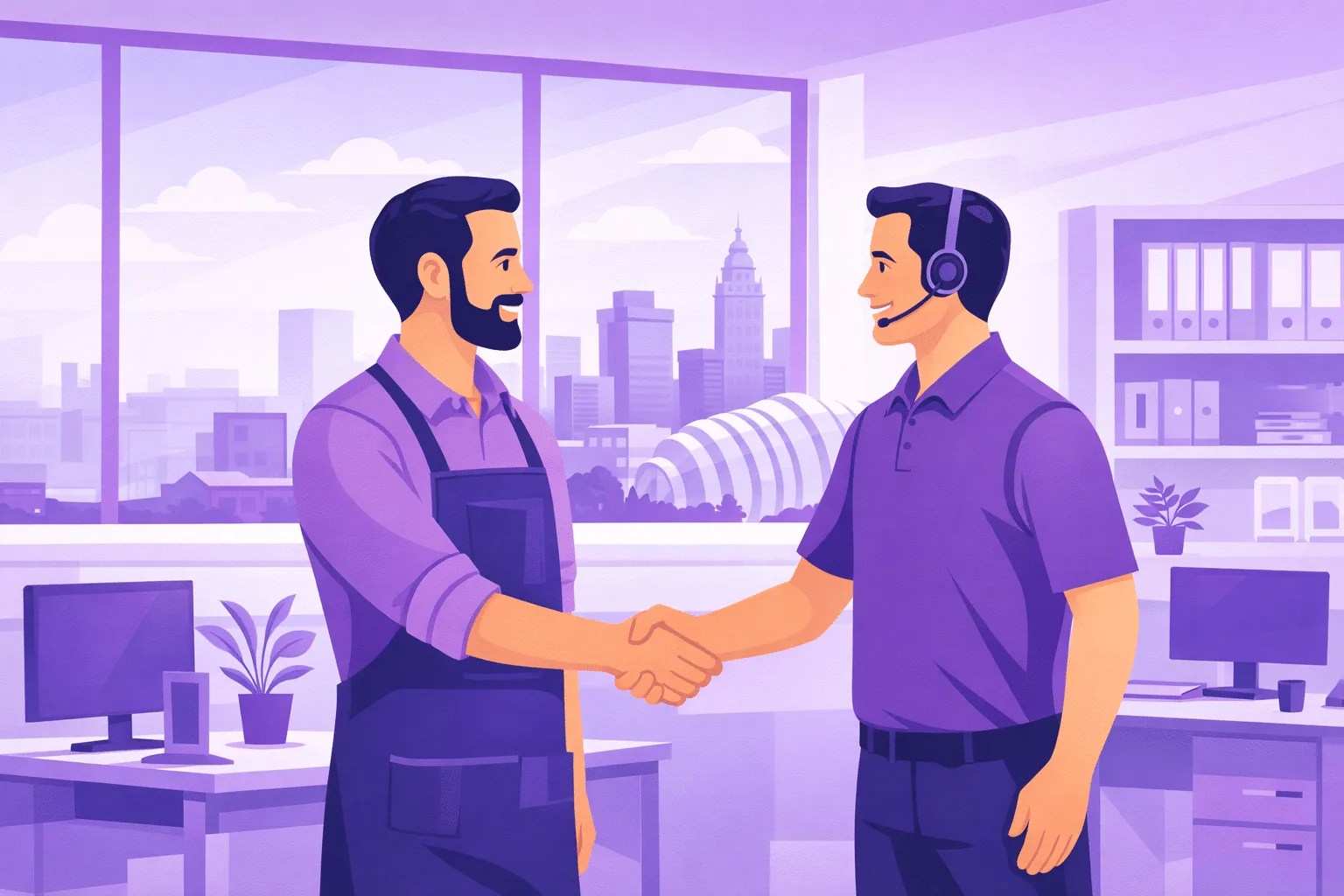 Local IT technician shaking hands with a small business owner in Kansas City